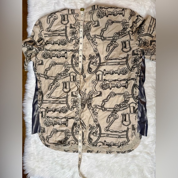 Tory Burch Cream and Black Chain Print Cotton and Linen Blouse Top Size 2 - Picture 6 of 10